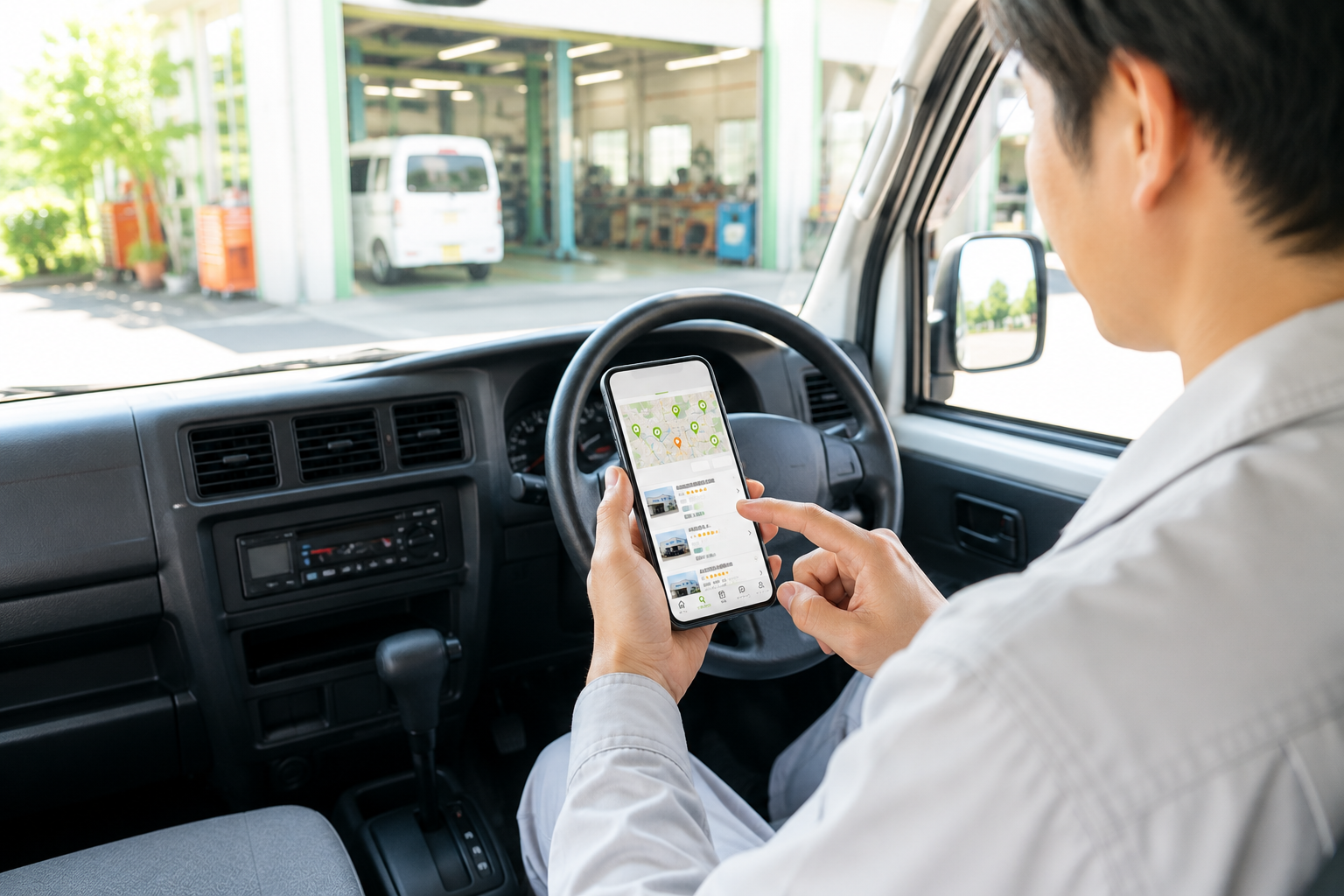 スマホで工場を検索するドライバー